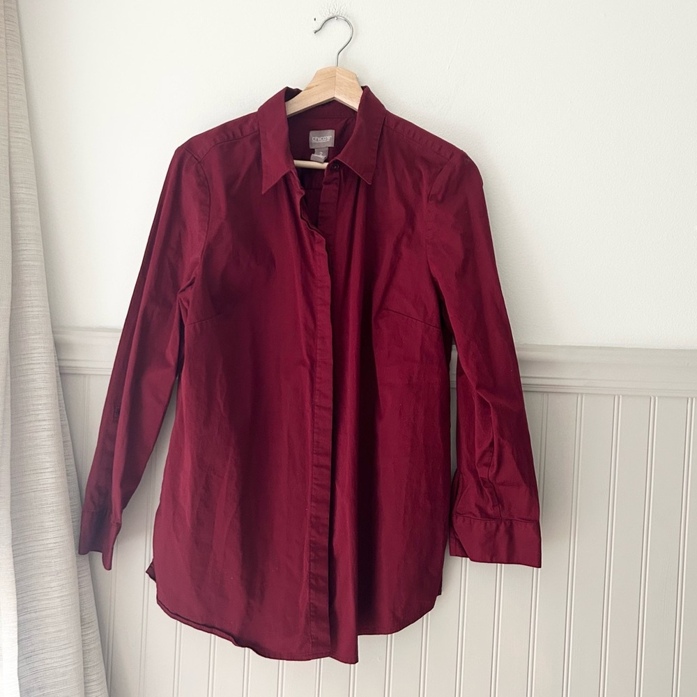 Chico's Size 2 Large Deep Red Long Sleeve Button Down Shirt